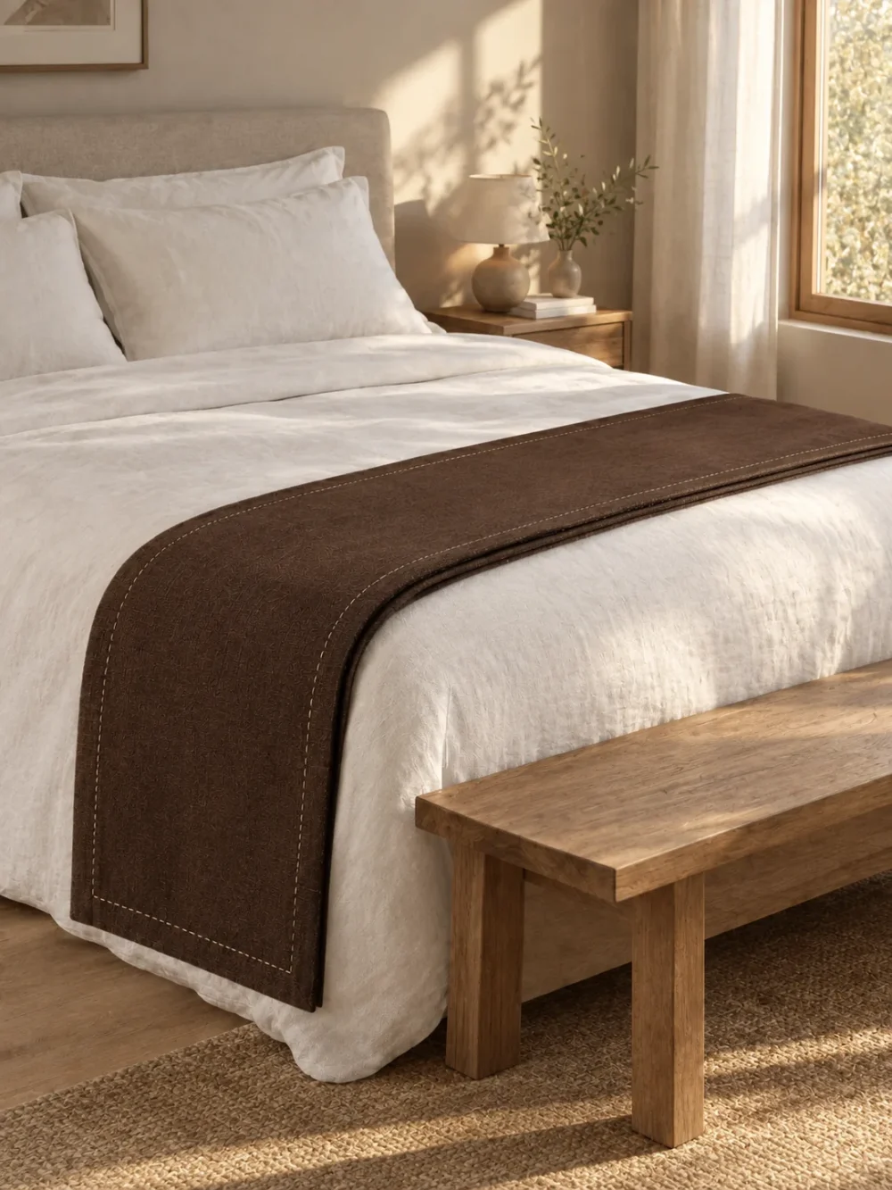 Nook Narrow Runner in Peat, across the foot of a bed