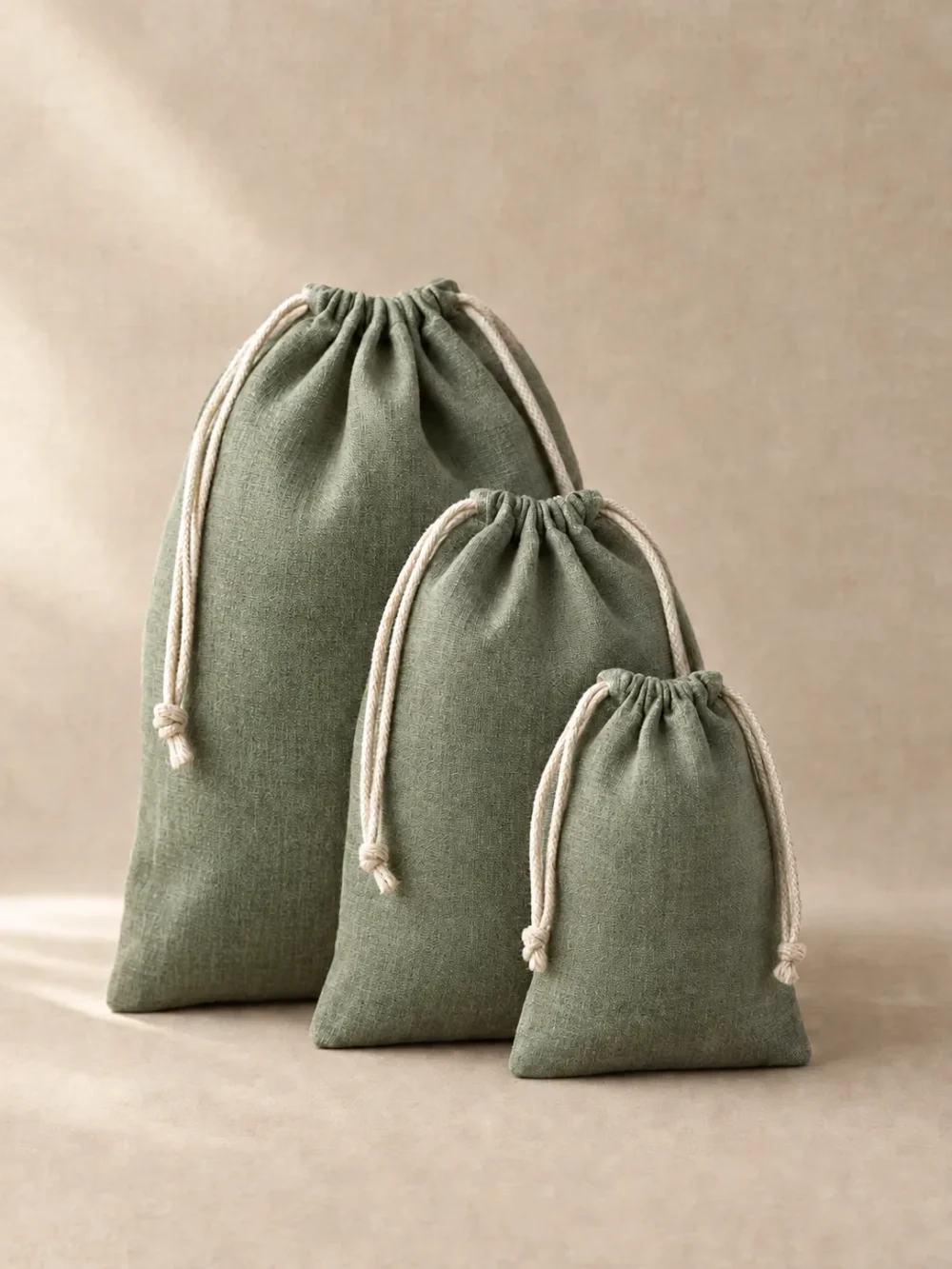 Pebble Drawstring Pouch Set of 3 in Moss, front view