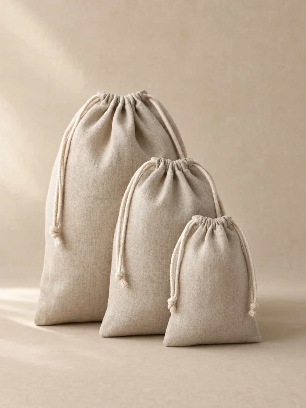 Pebble Drawstring Pouch Set of 3 in Oat, front view