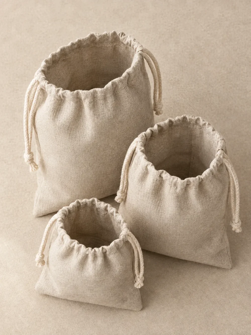 Pebble Drawstring Pouch Set of 3 in Oat, seen from above