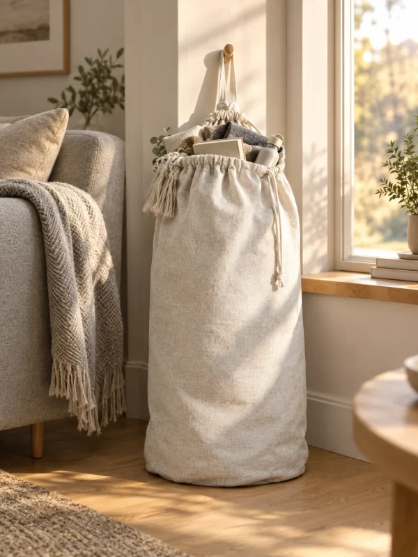 Rinse Linen Laundry Bag in Chalk, in use beside a sofa