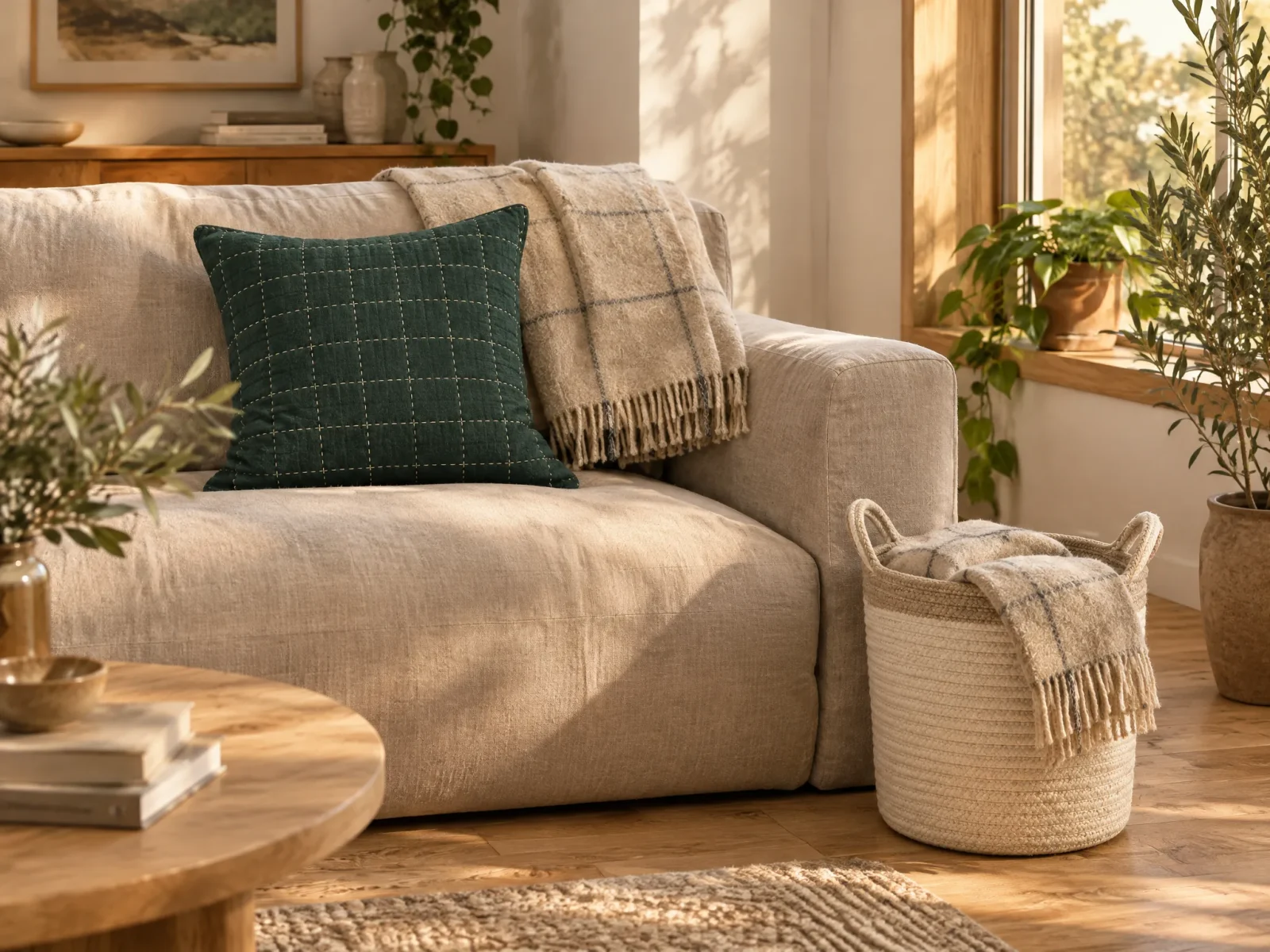 En stue med en syet pude, et ternet plaid og en rebkurv