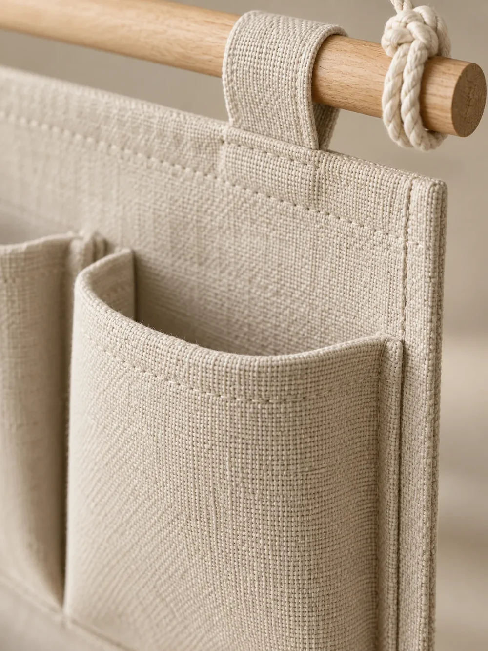 Shelf Wall Pocket Organiser in Oat, close-up of the seams and handle