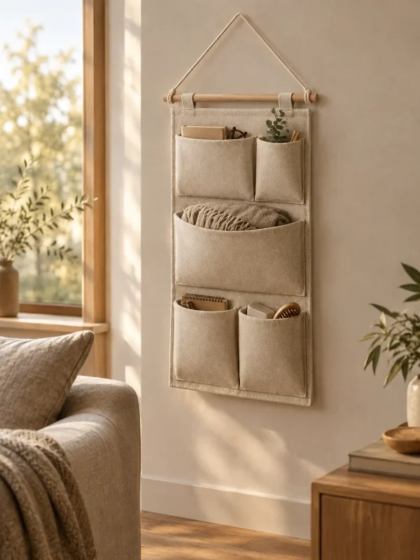 Shelf Wall Pocket Organiser in Oat, in use beside a sofa
