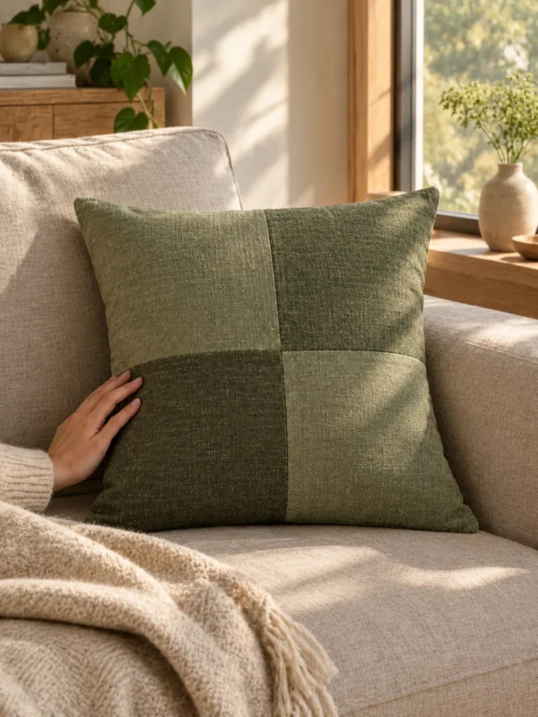 Shoal Patch Cushion Cover in Moss, on a linen sofa by a window