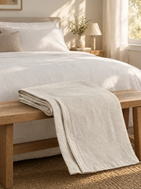 Skerry Folded Linen Runner in Chalk, across the foot of a bed