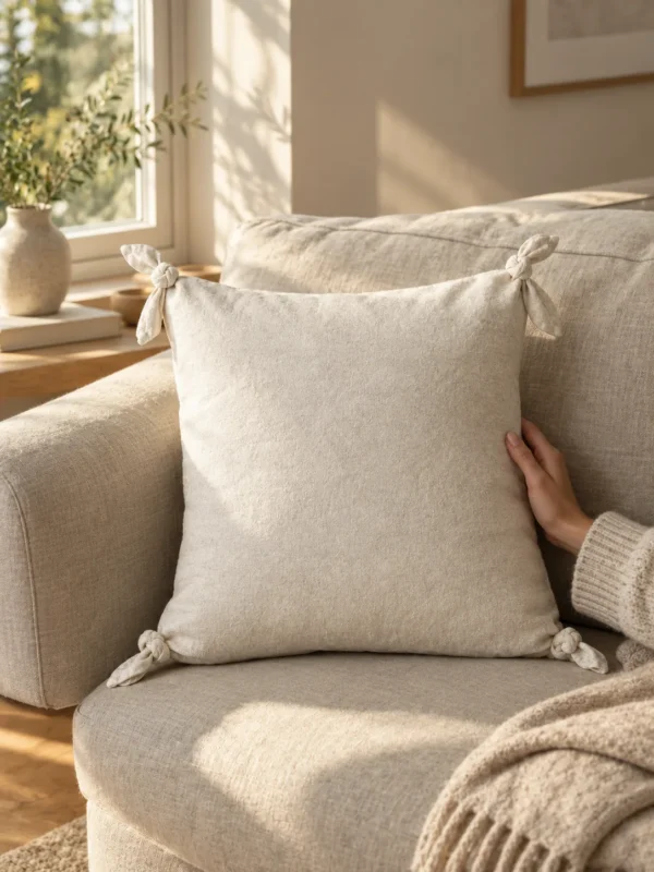 Skerry Knot Cushion Cover in Chalk, on a linen sofa by a window