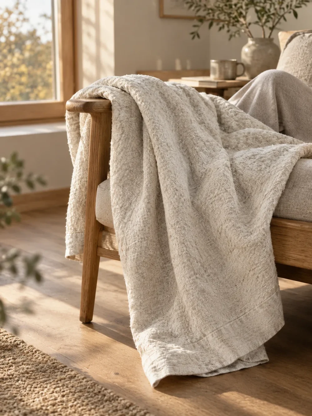 Skerry Stonewashed Linen Throw in Chalk, draped over a lounge chair