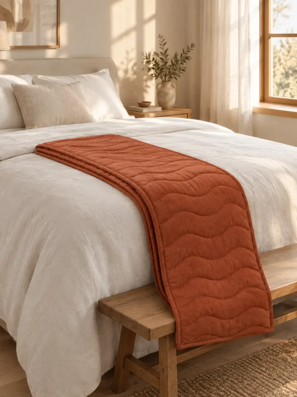 Swell Quilted Bed Runner in Clay, across the foot of a bed