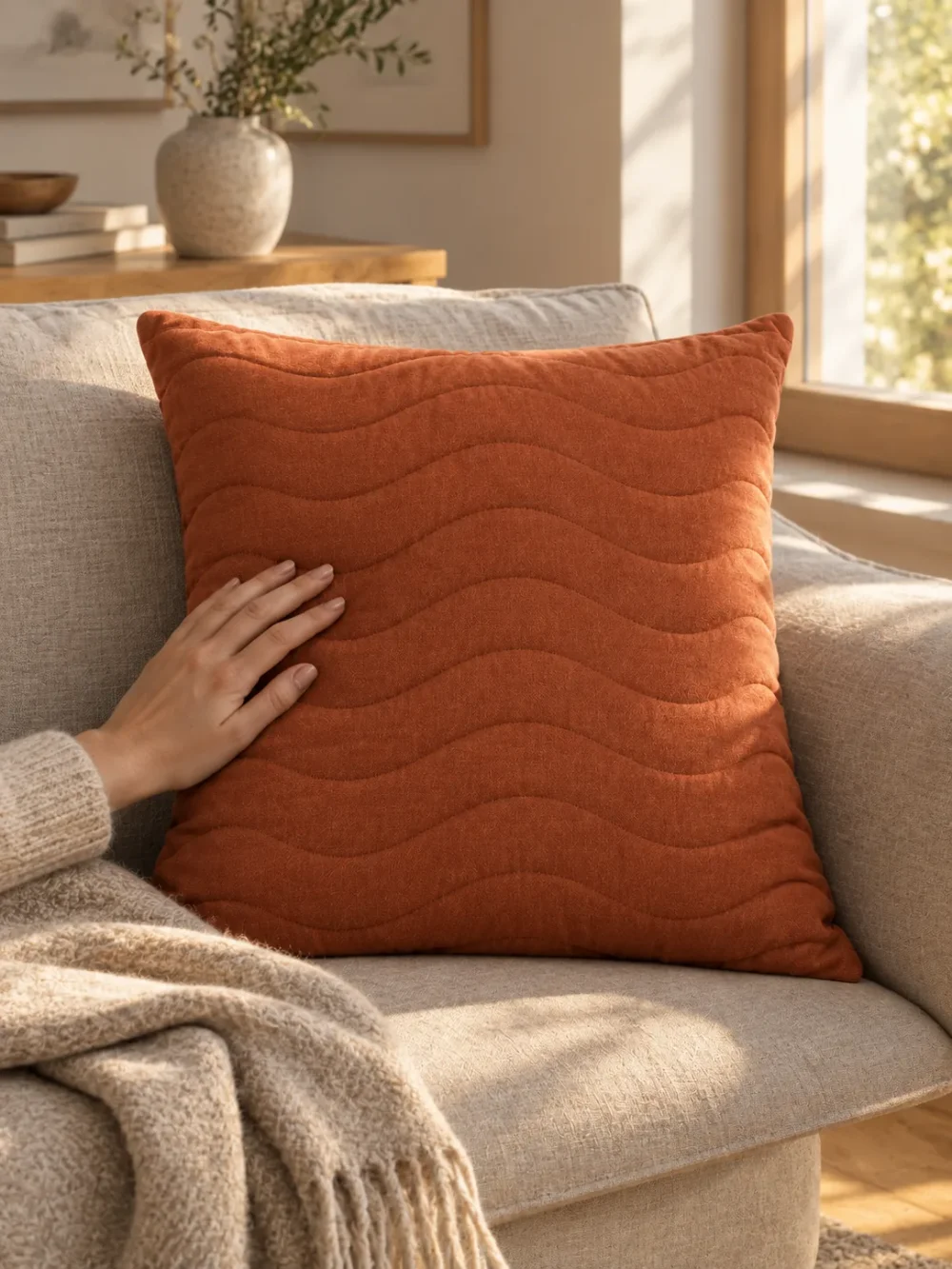 Swell Quilted Cushion Cover in Clay, on a linen sofa by a window