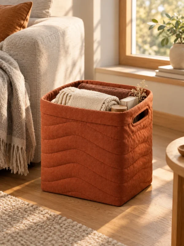 Swell Quilted Storage Bin in Clay, in use beside a sofa