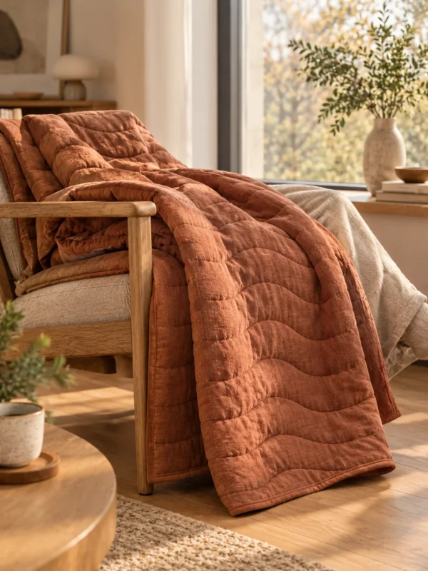 Swell Quilted Throw in Clay, draped over a lounge chair