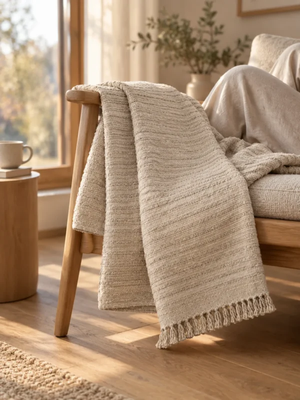 Tide Hollow Rib Throw in Oat, draped over a lounge chair
