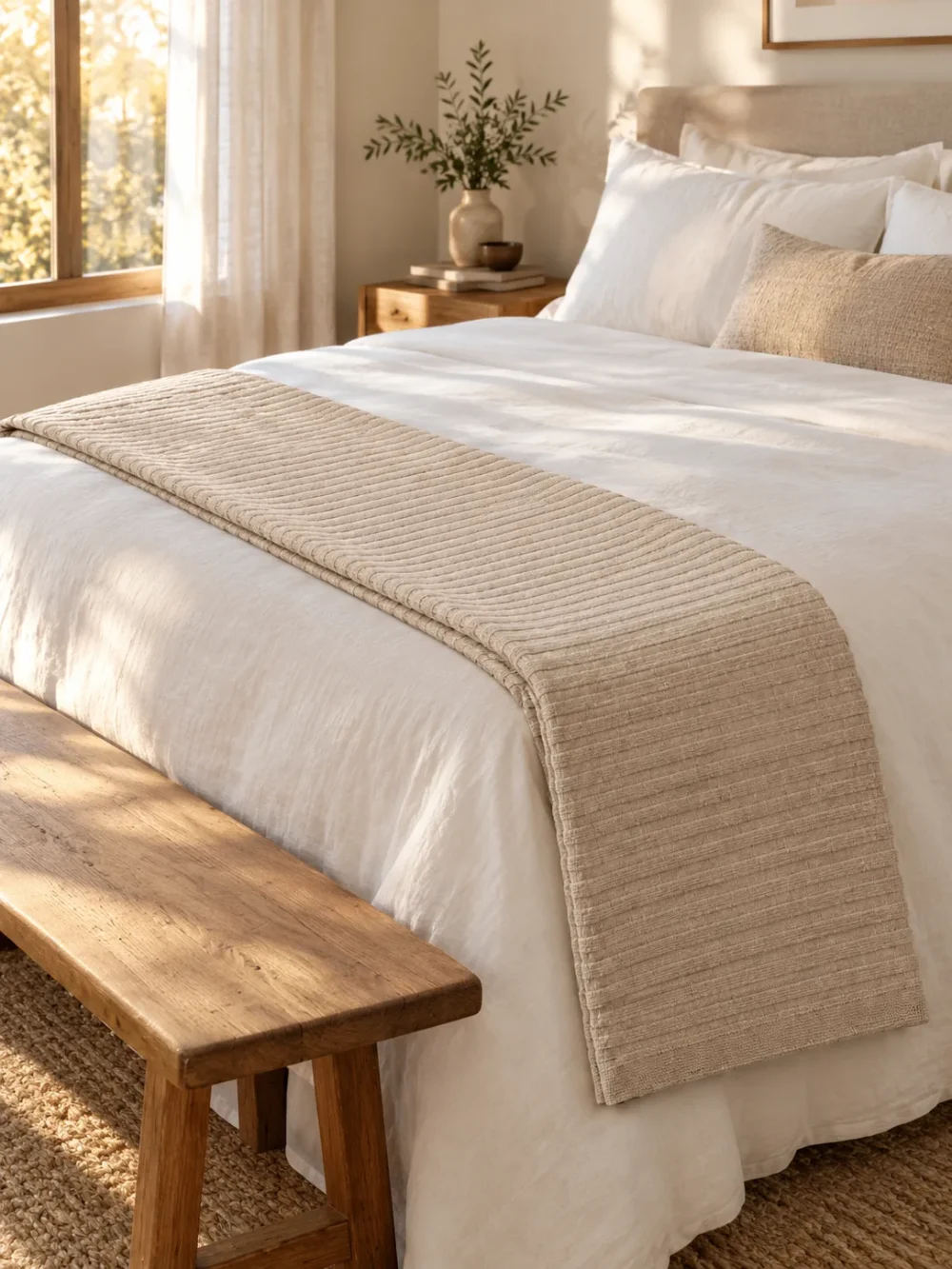 Tide Rib Bed Runner in Oat, across the foot of a bed