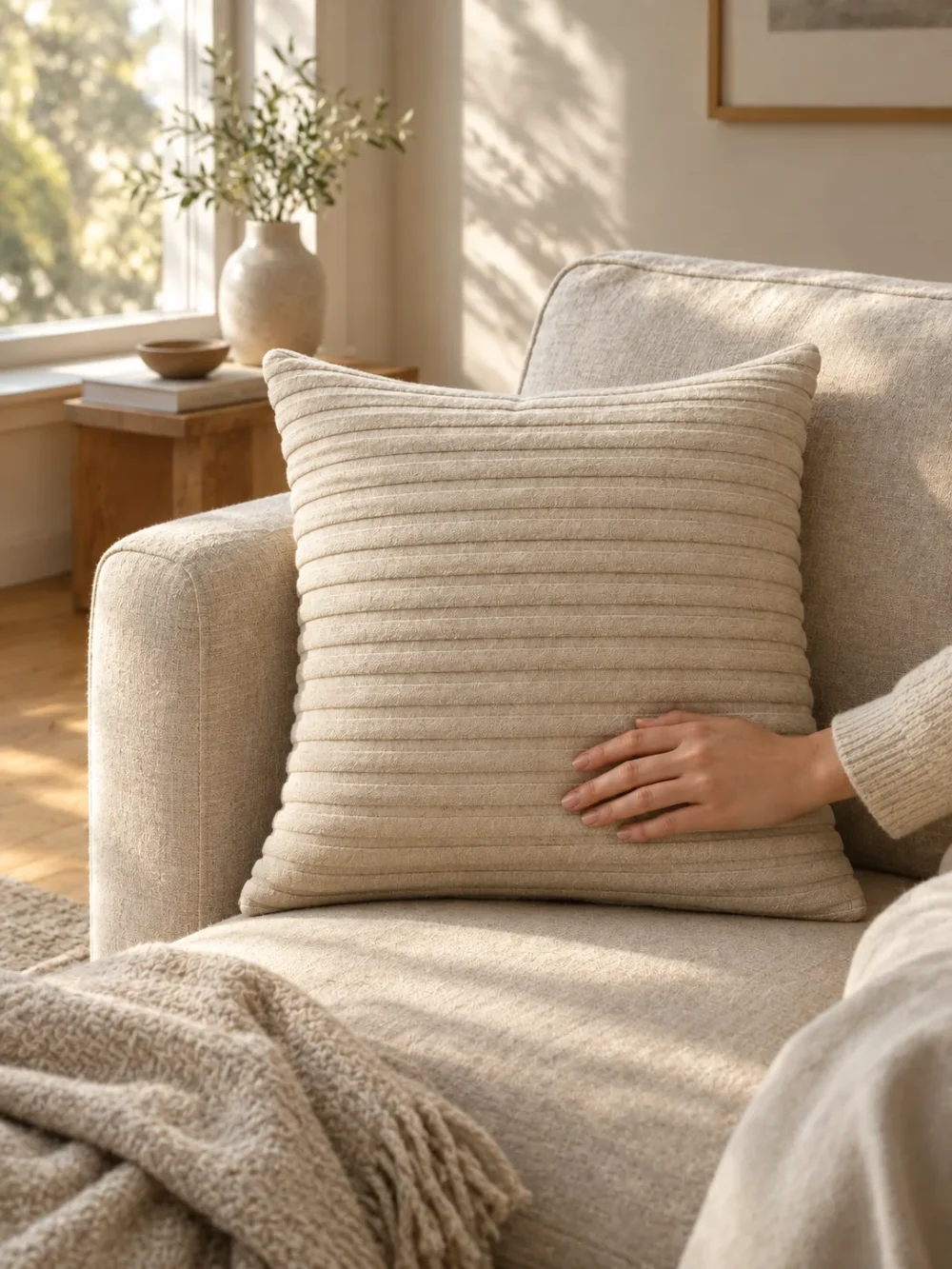 Tide Rib Cushion Cover in Oat, on a linen sofa by a window