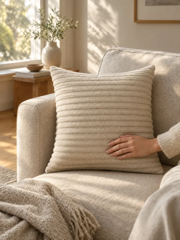 Tide Rib Cushion Cover in Oat, on a linen sofa by a window