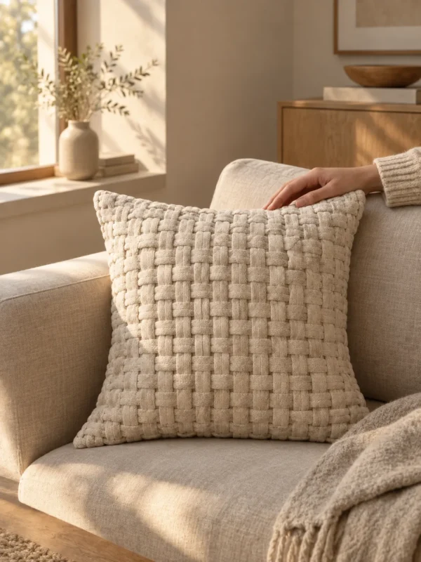 Weir Basket Weave Cushion Cover in Oat, on a linen sofa by a window